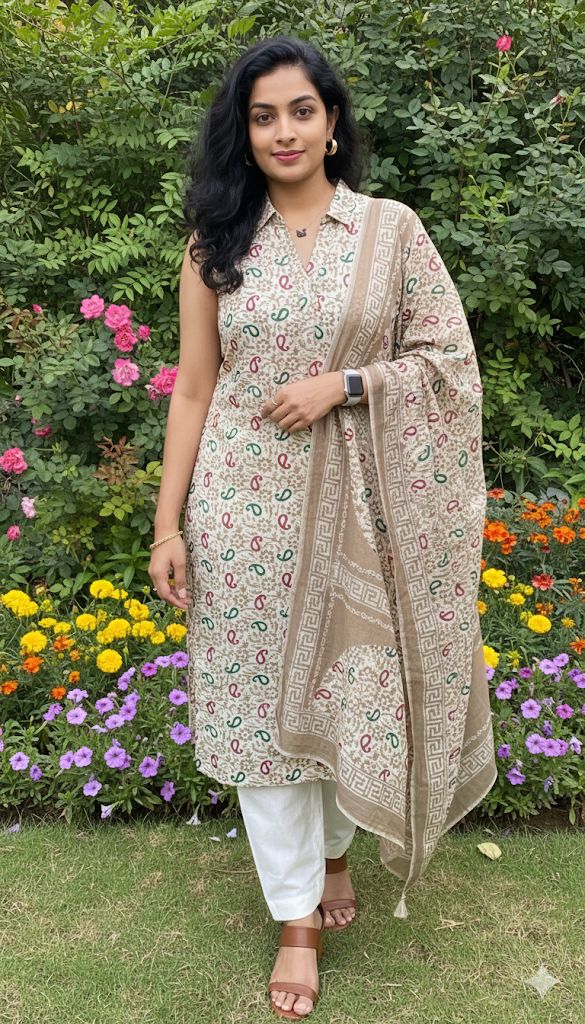 Off White 3 Piece Set With Dupatta For Women