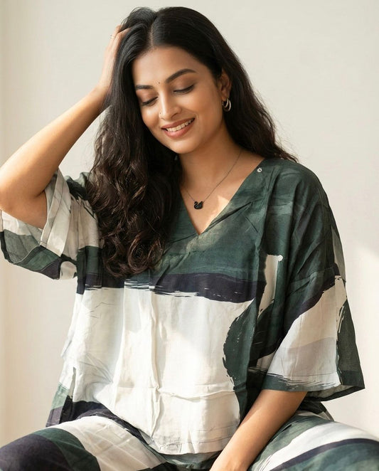 Dark green with abstract brush-style print Set of 2 Piece For Women