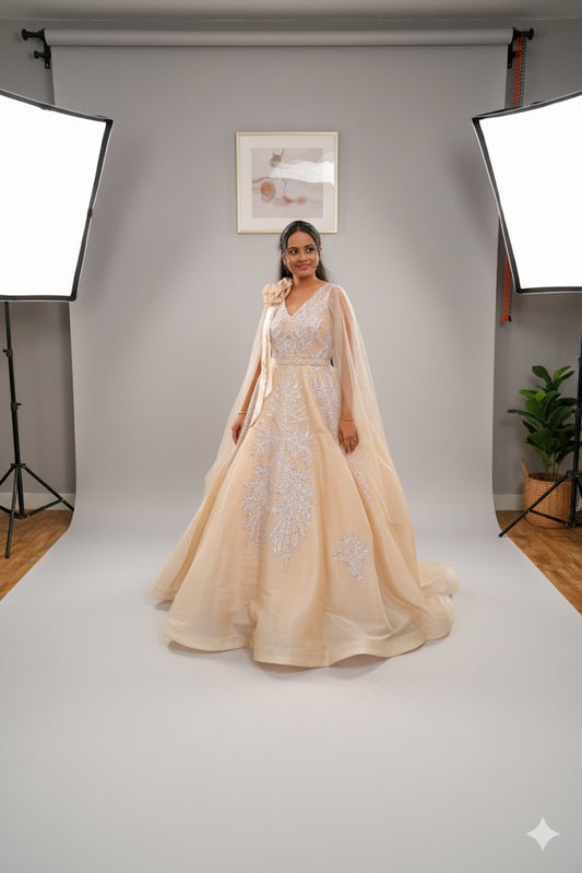 Beige Flowing, Structured Fabric Ball Gown For Women & Girls