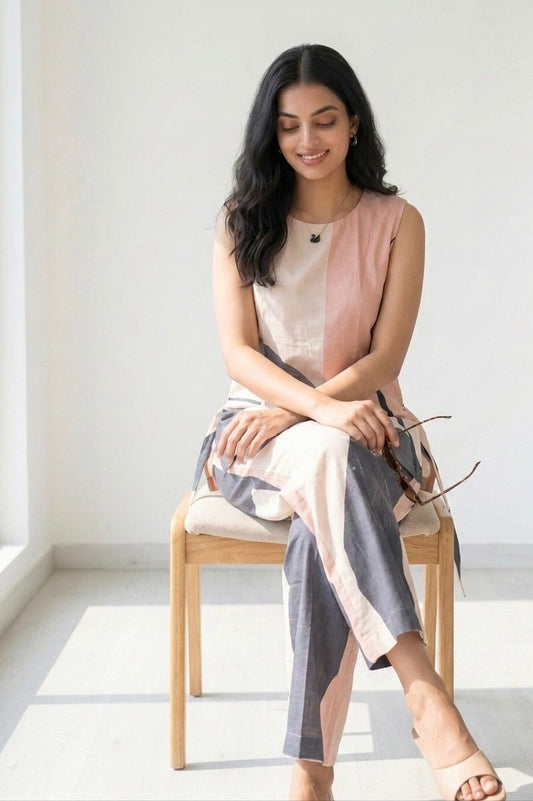 Aira Fabrics Designer Studio Peach & Grey Abstract Print Co-Ord Set