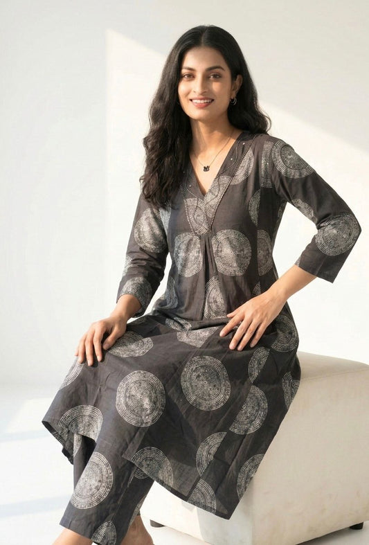 Charcoal Block Print Cotton Co-ord Set – Soft breathable cotton with modern A-line kurta