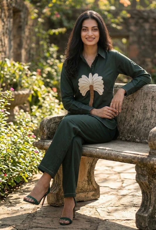 green co-ord set featuring a stylish shirt-style top with a bold floral Green Co-Ords For Women & Girls (Copy)