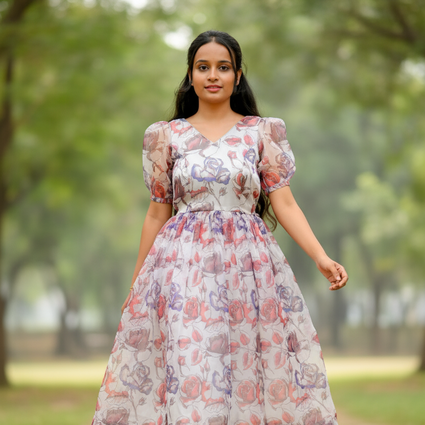 Woman in a floral dress standing outdoors with greenery in the background