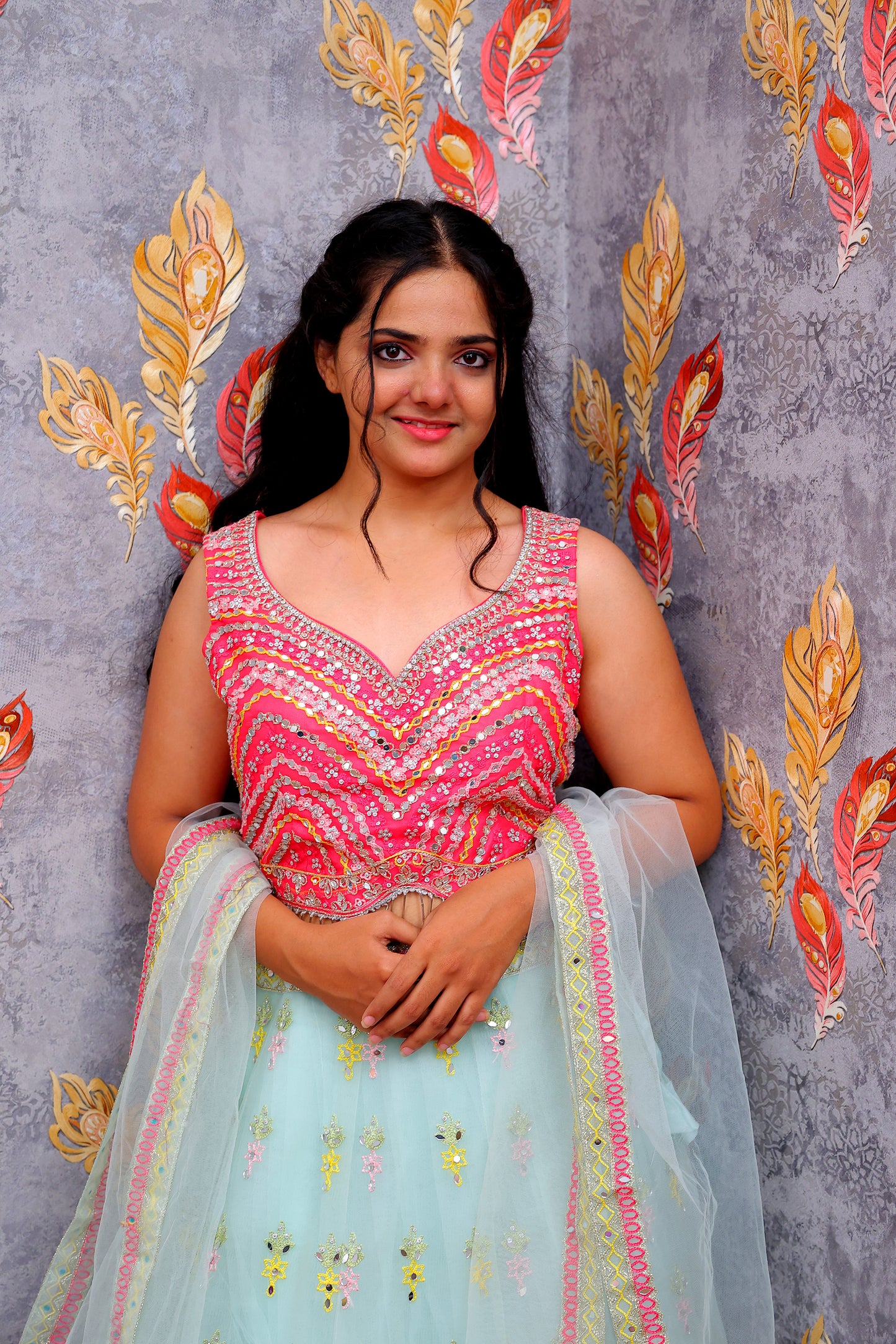 Light Blue Lehenga Choli with Pink and Yellow Floral Embroidery