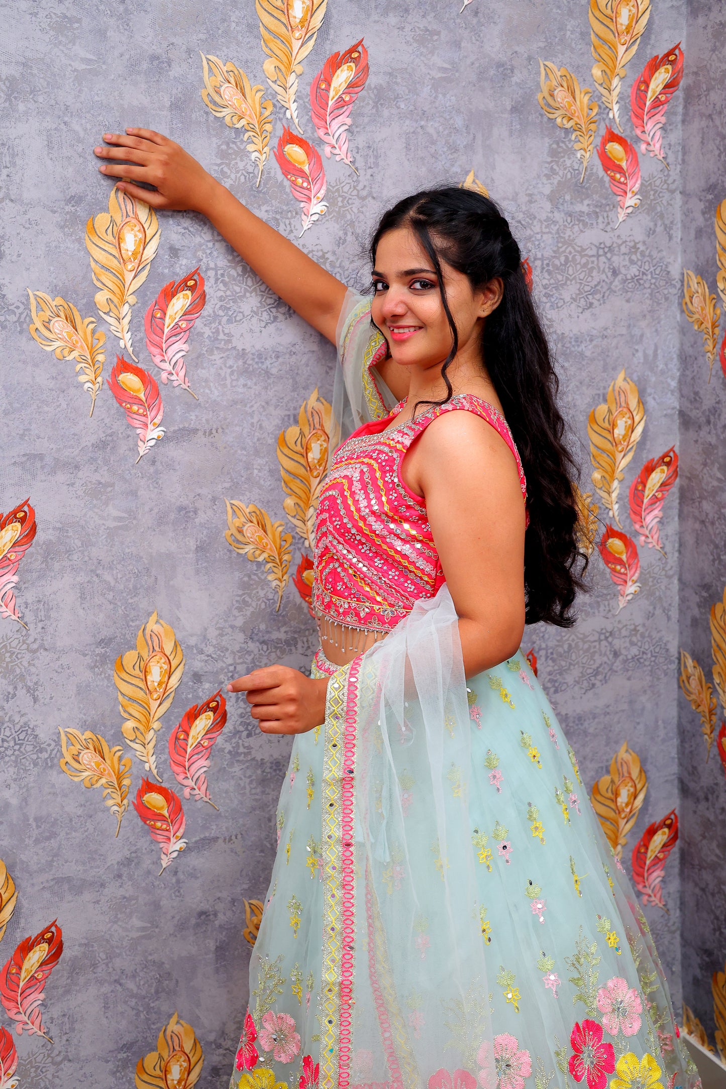 Light Blue Lehenga Choli with Pink and Yellow Floral Embroidery