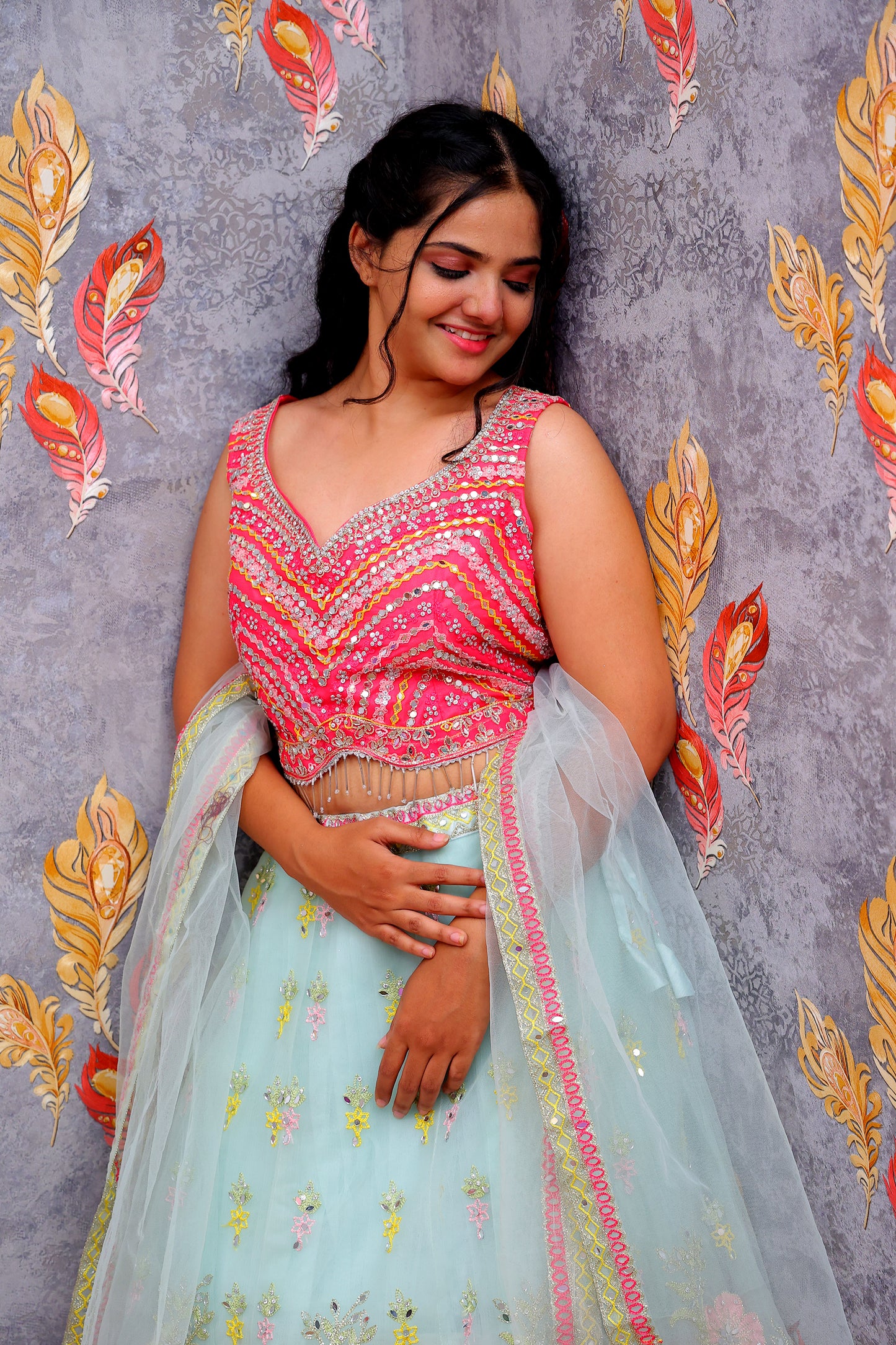Light Blue Lehenga Choli with Pink and Yellow Floral Embroidery