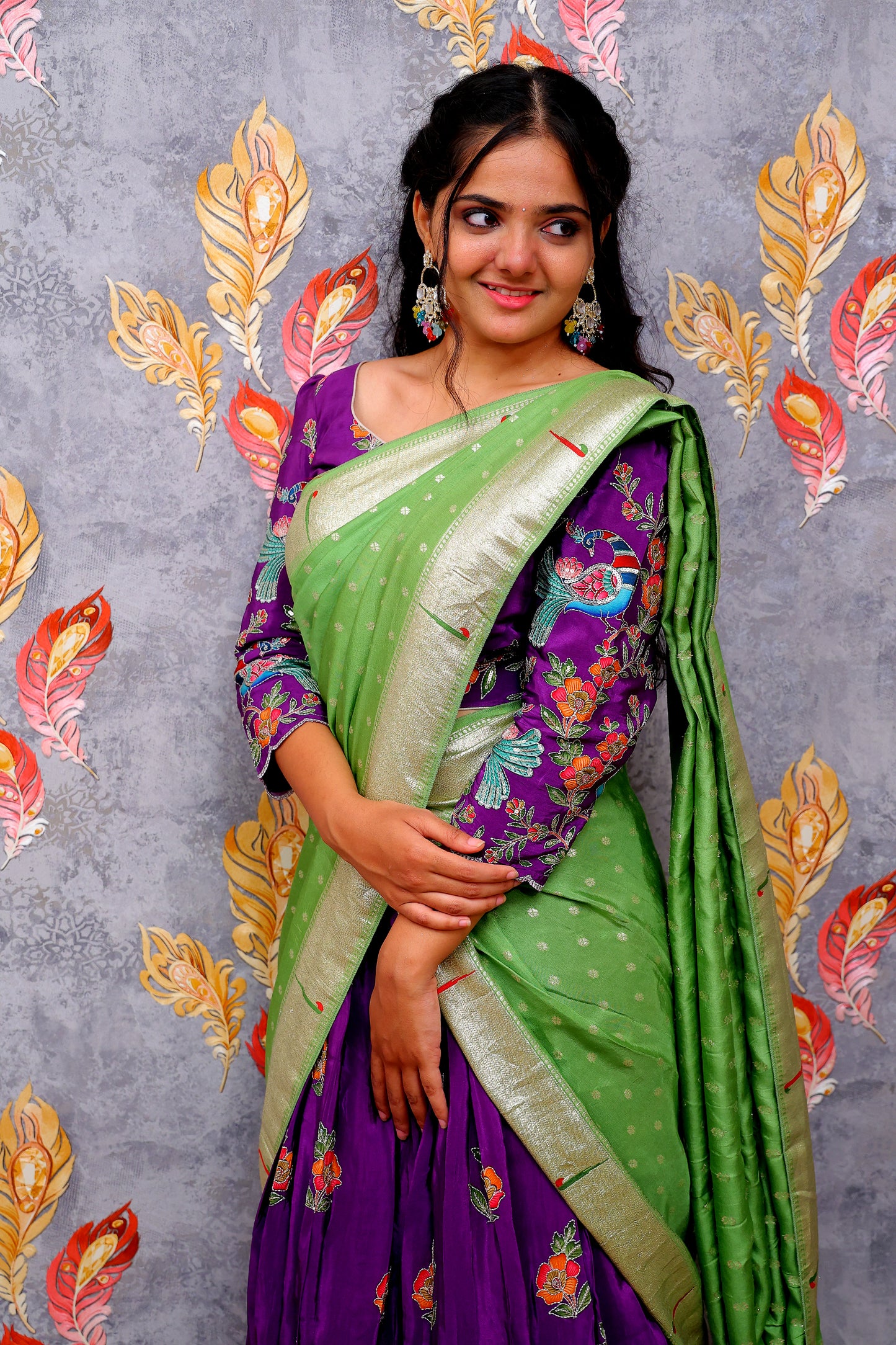 Pen Kalamkari Blouse with Brinjal-Colored Lehenga and Green Dupatta