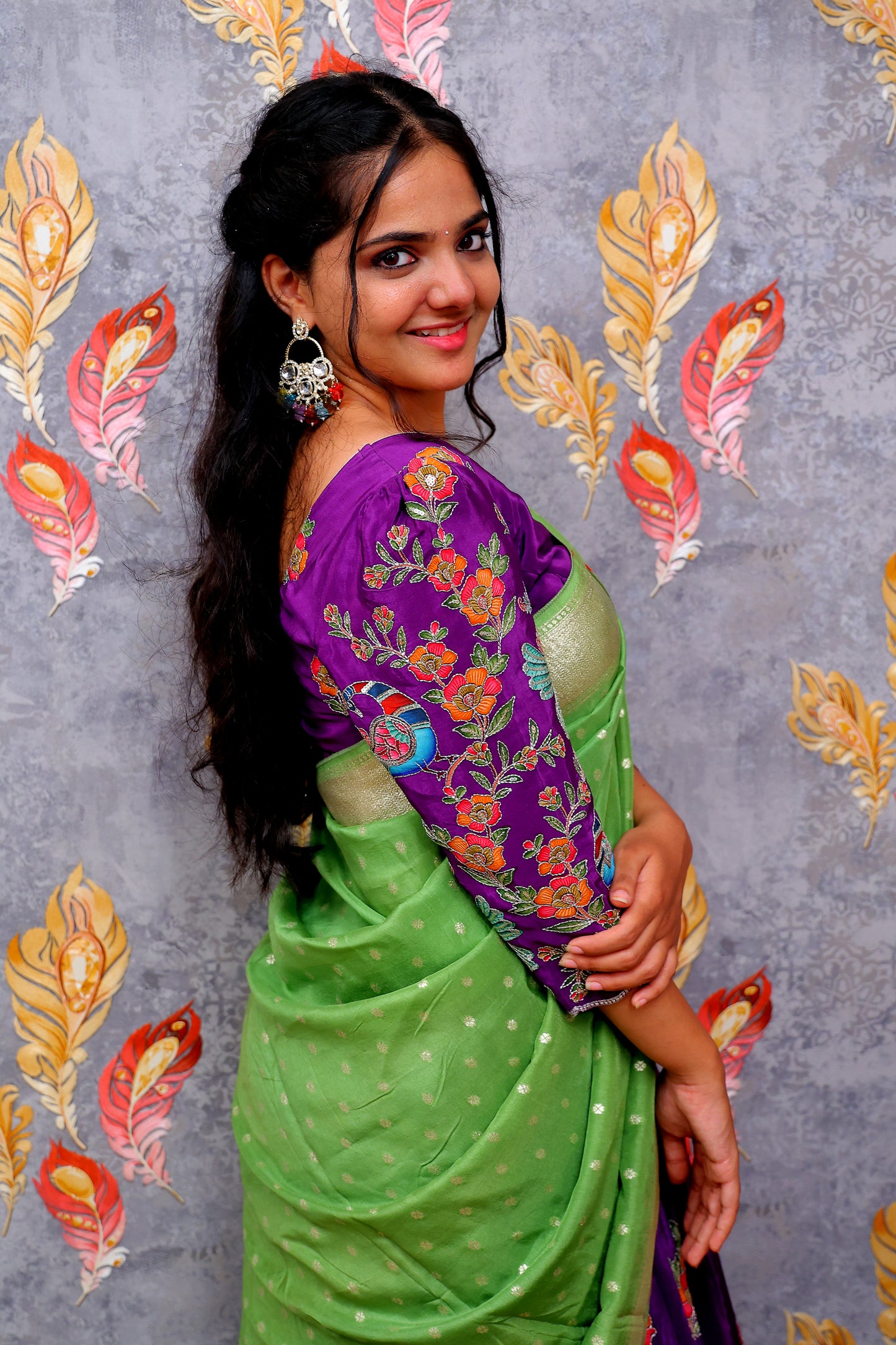 Pen Kalamkari Blouse with Brinjal-Colored Lehenga and Green Dupatta