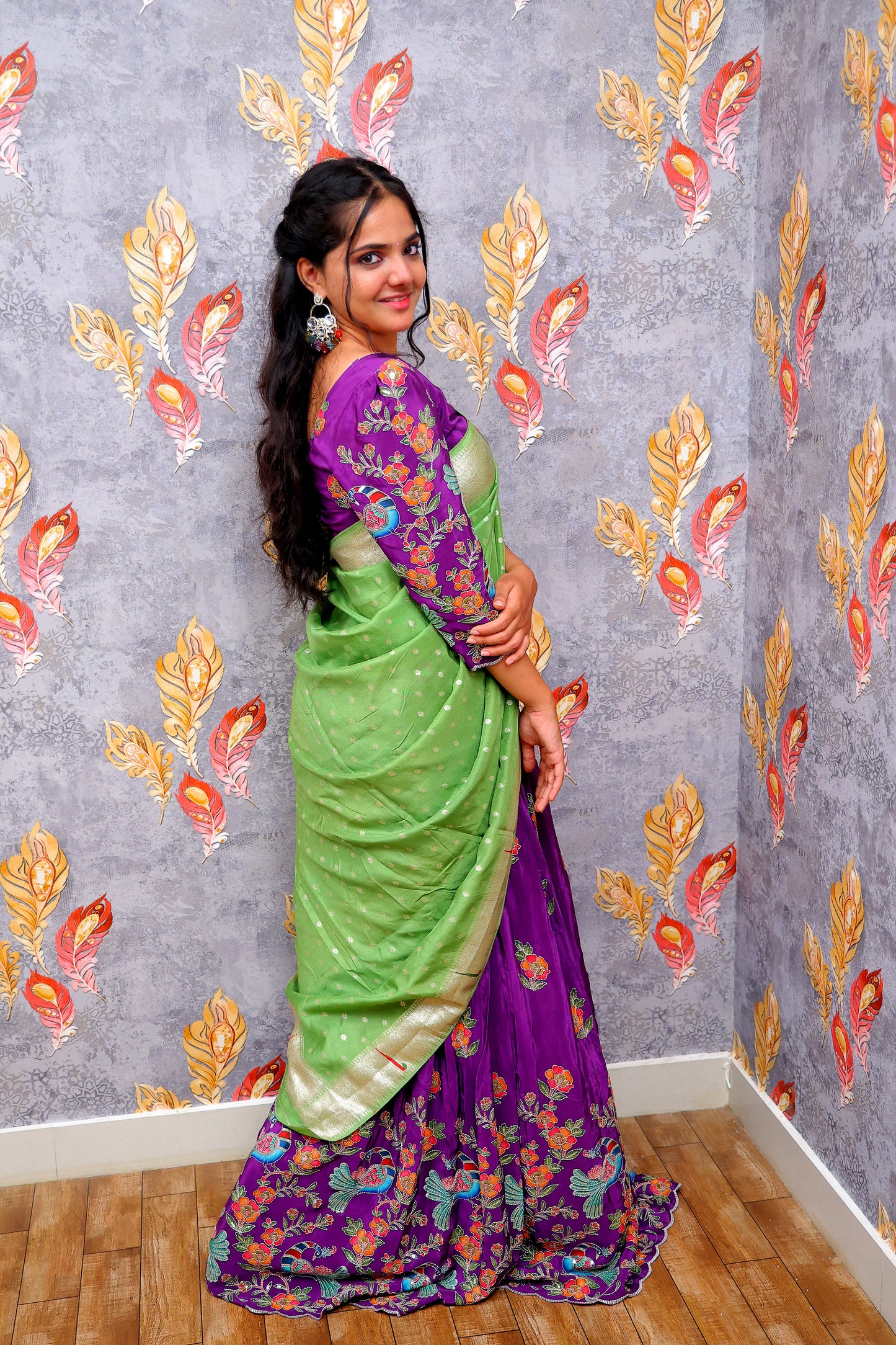 Pen Kalamkari Blouse with Brinjal-Colored Lehenga and Green Dupatta