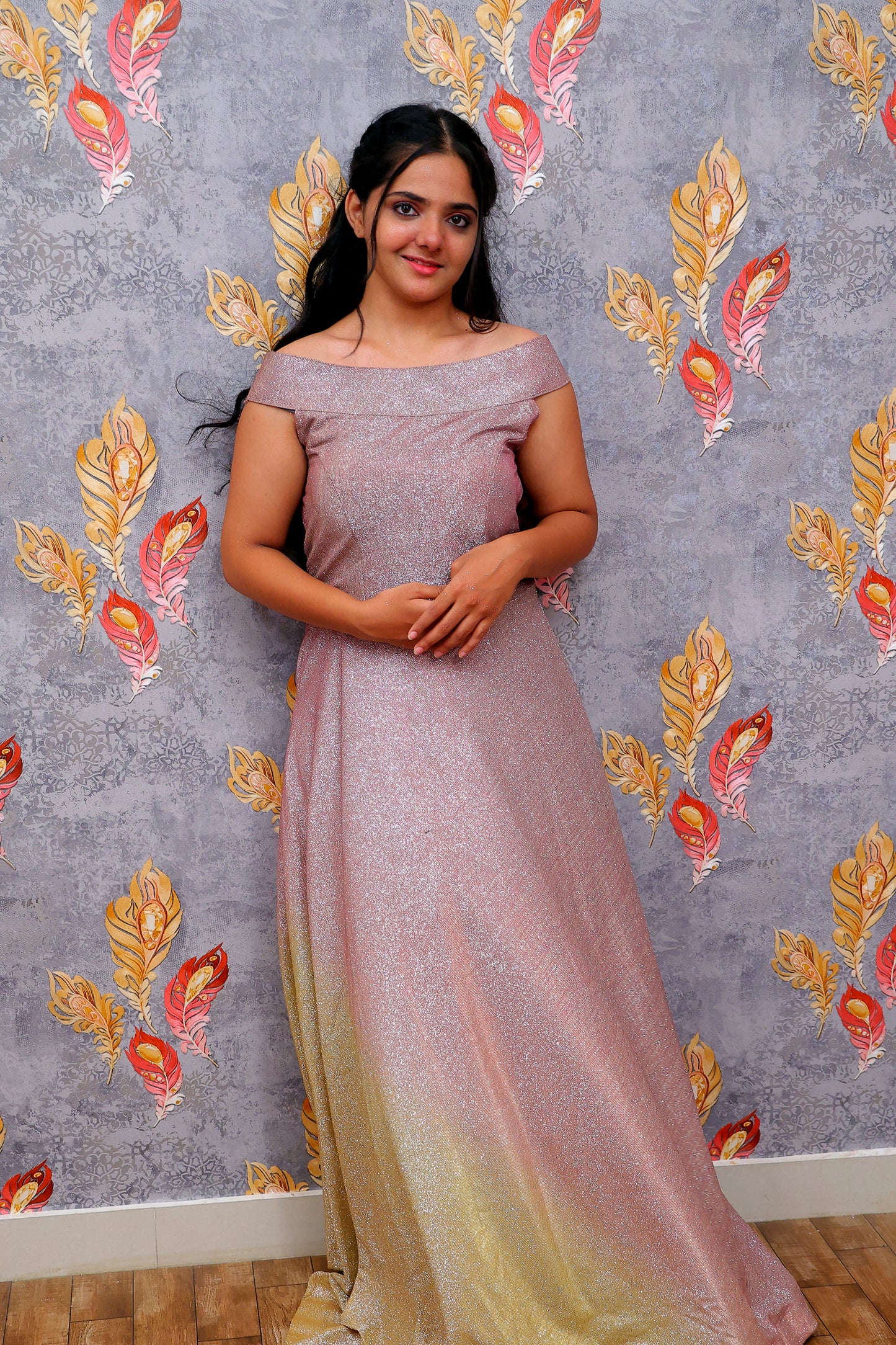 Shimmering Mauve Off-Shoulder Gown