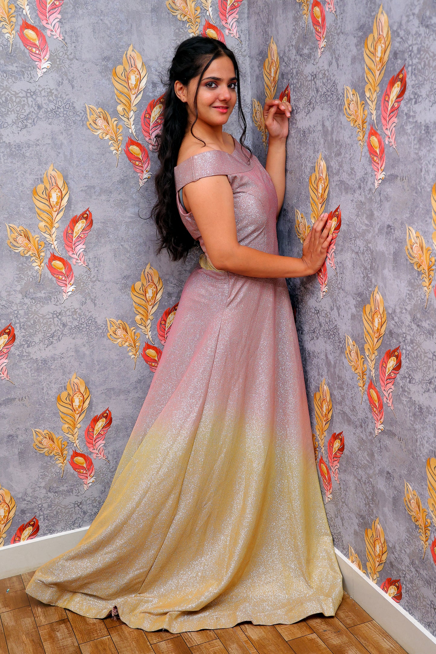 Shimmering Mauve Off-Shoulder Gown