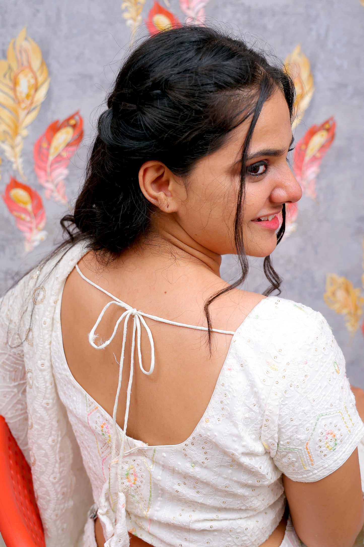 White Embroidered Crop Top and Flowing Skirt Set with Matching Dupatta lehenga
