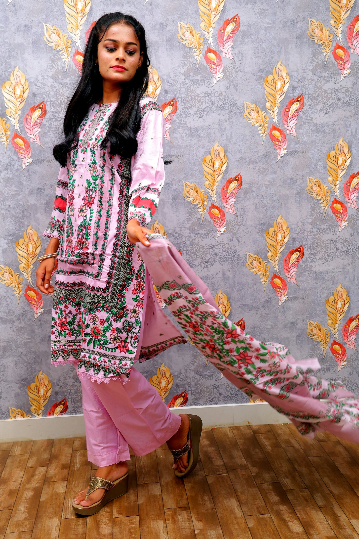 Light PinkColor Kurti with Multicolor Floral Design