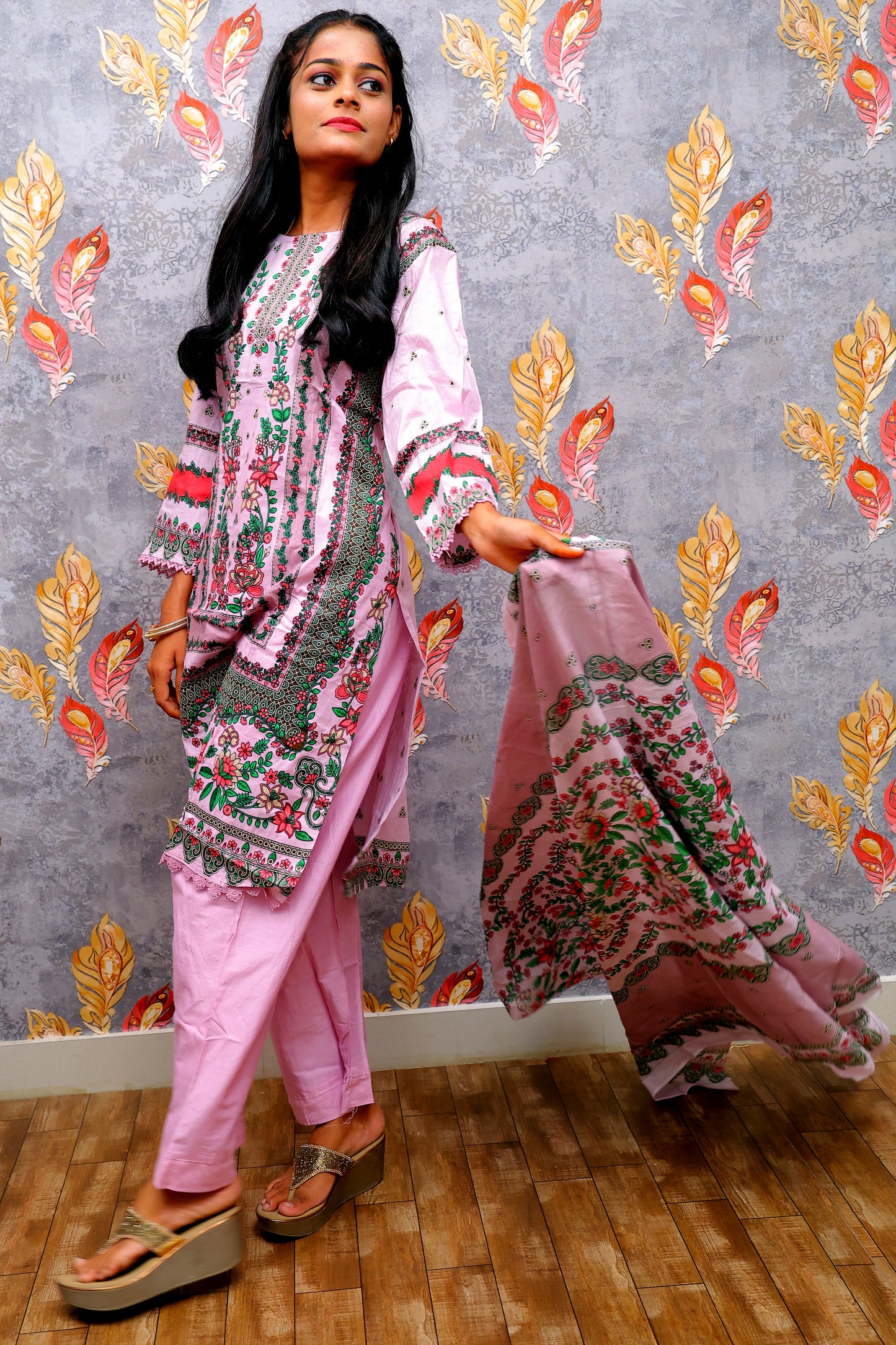 Light PinkColor Kurti with Multicolor Floral Design