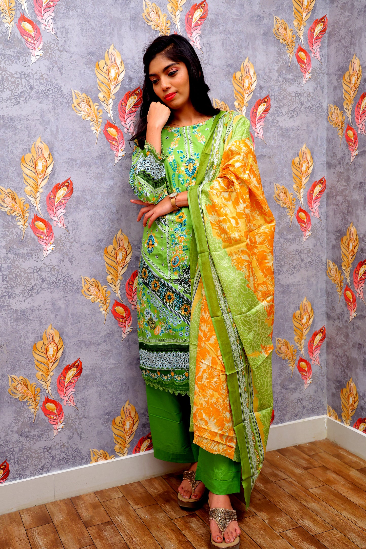 Green Color Kurti with Green and Yellow Color Dupatta
