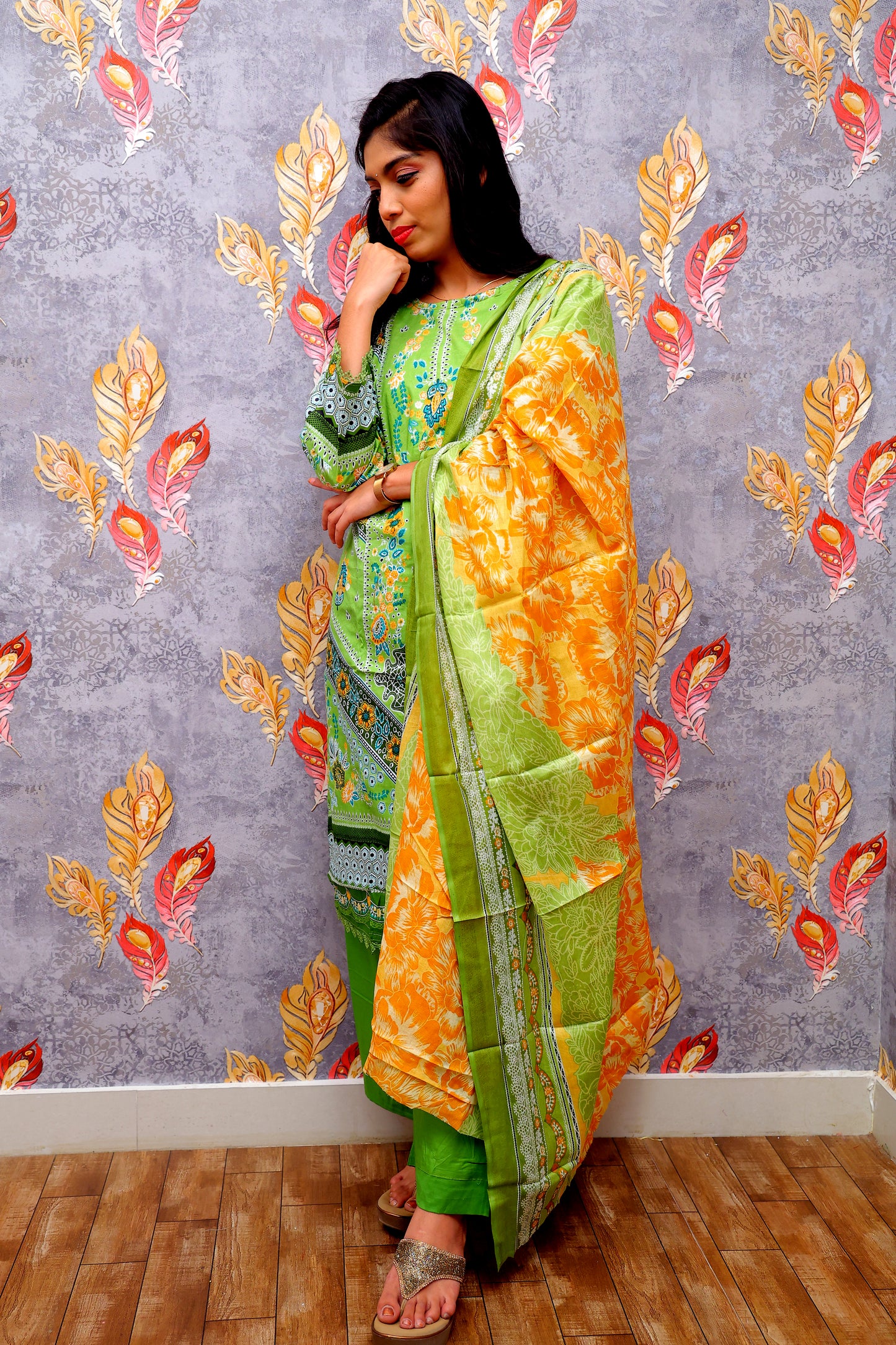 Green Color Kurti with Green and Yellow Color Dupatta