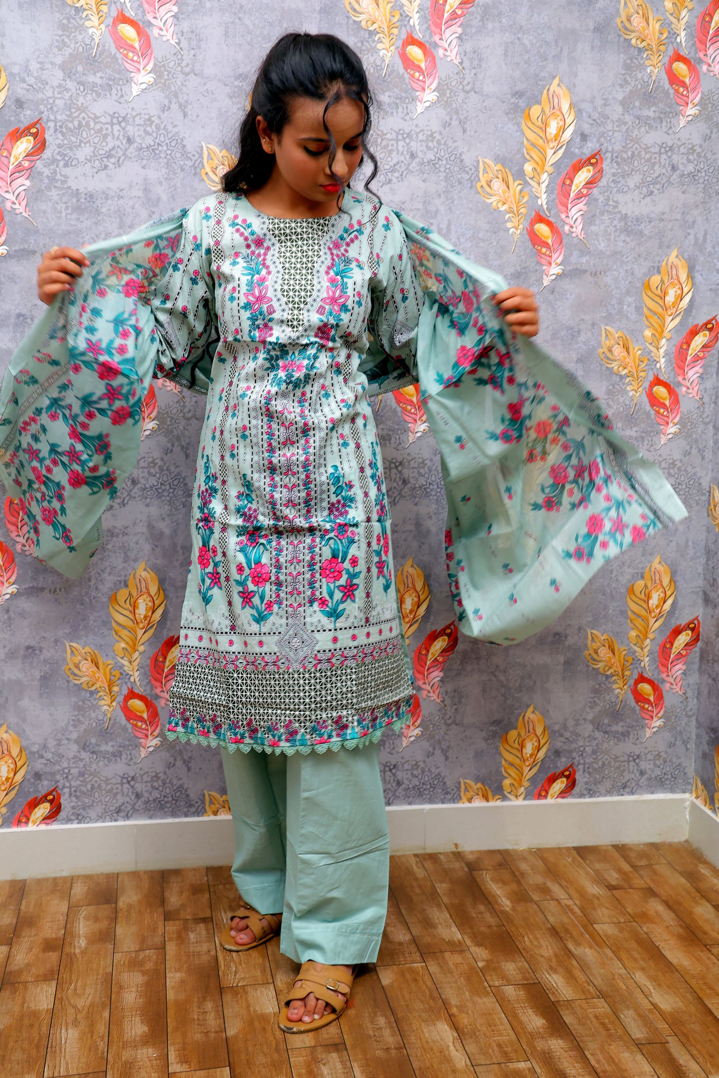 Light Gray Color Kurti with Multicolor Floral Design