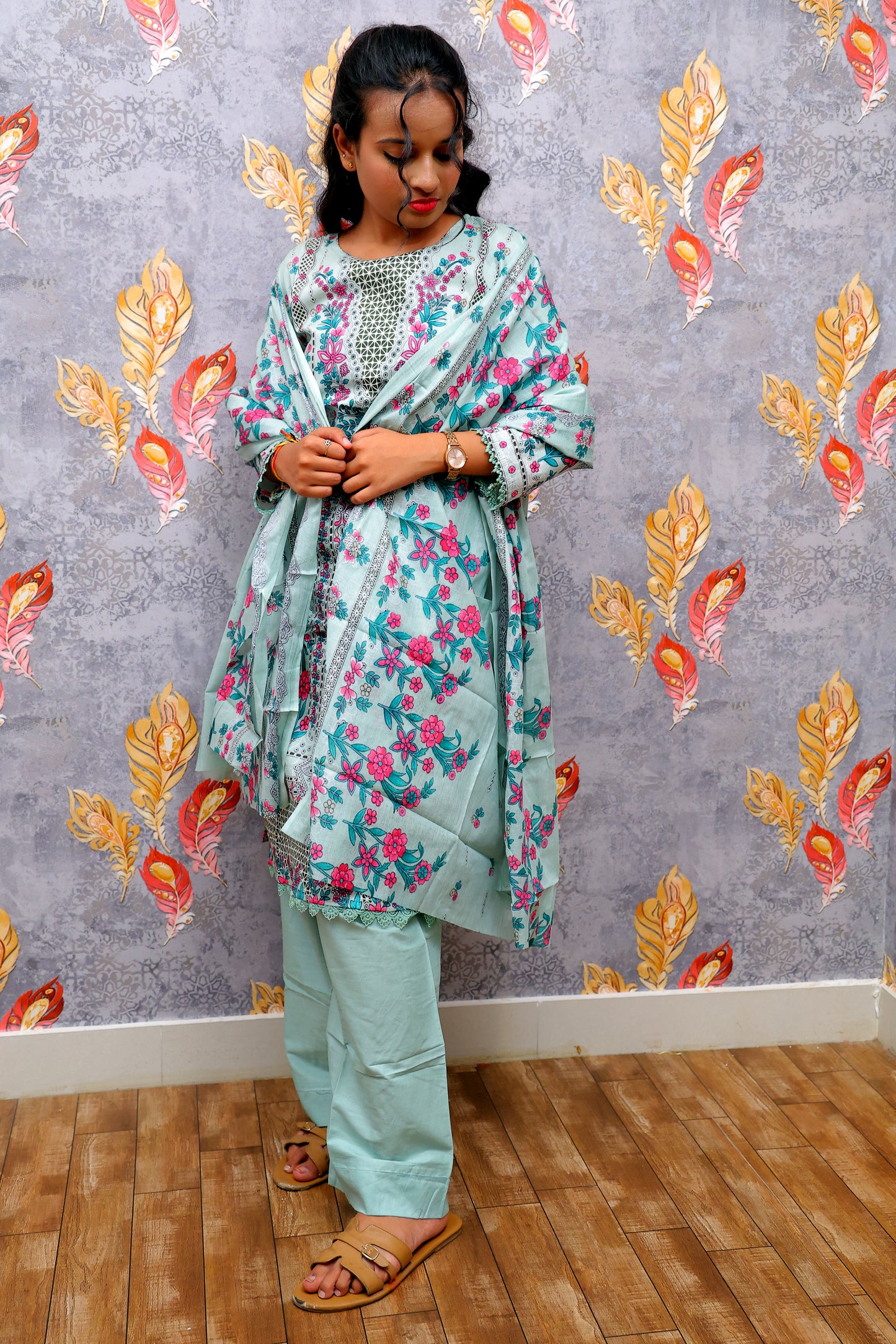 Light Gray Color Kurti with Multicolor Floral Design