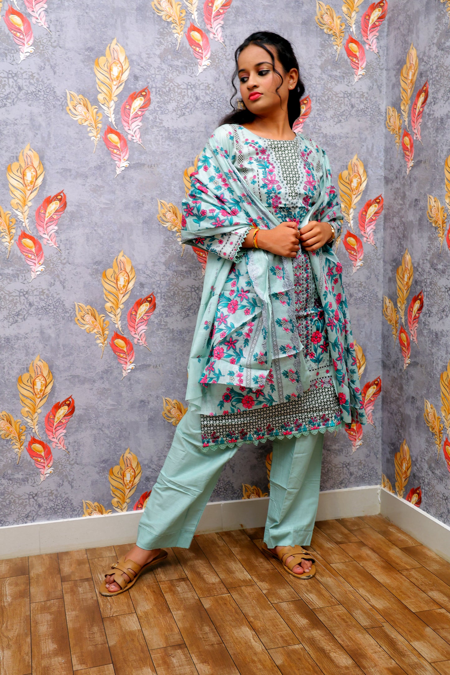 Light Gray Color Kurti with Multicolor Floral Design