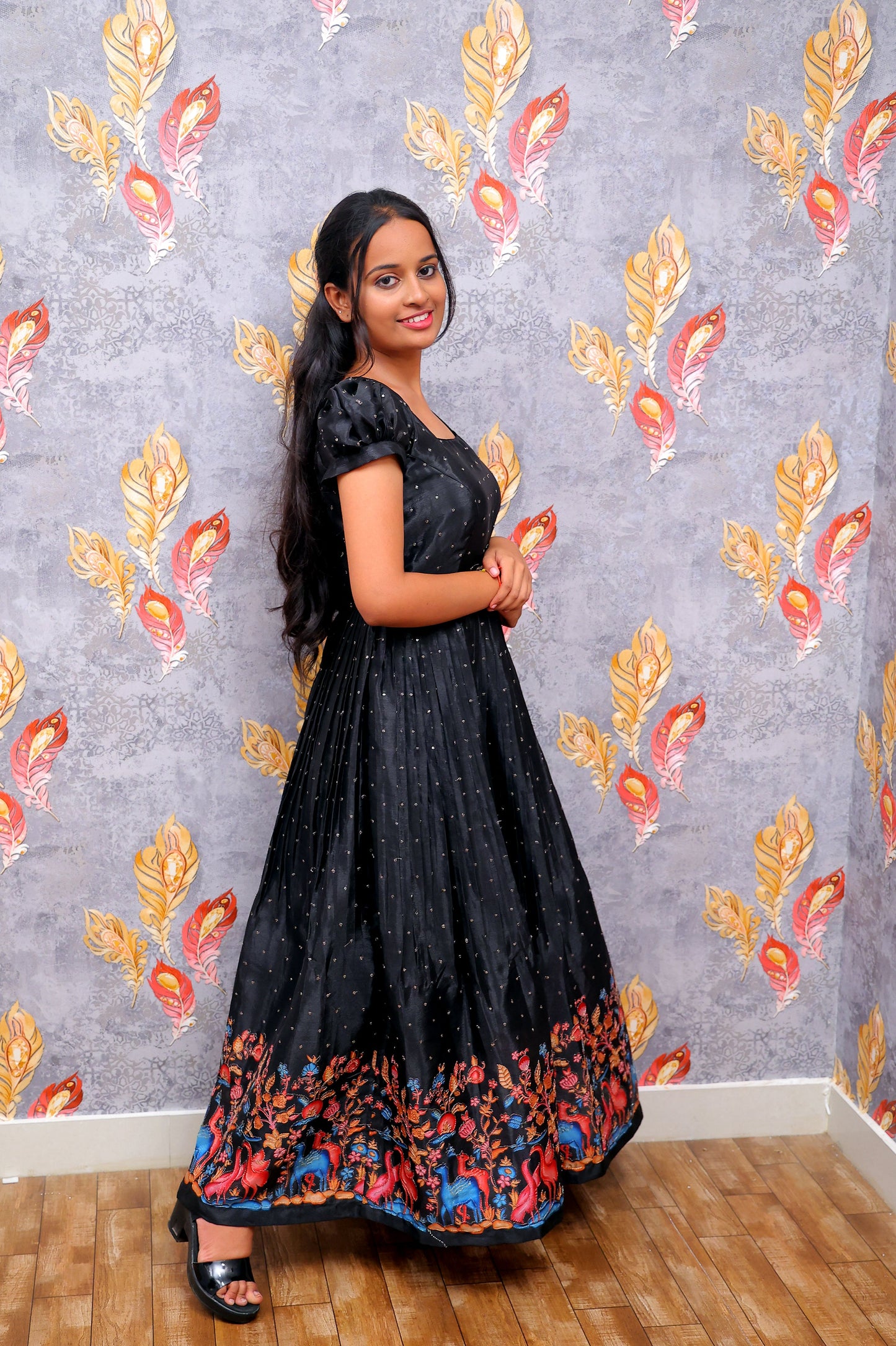 Black Frock Dress With Floral Border For Women & Girls