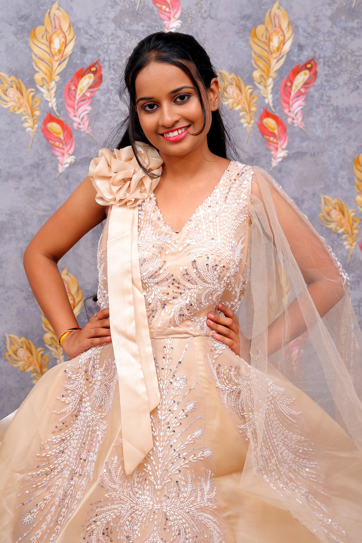 Beige Flowing, Structured Fabric Ball Gown For Women & Girls