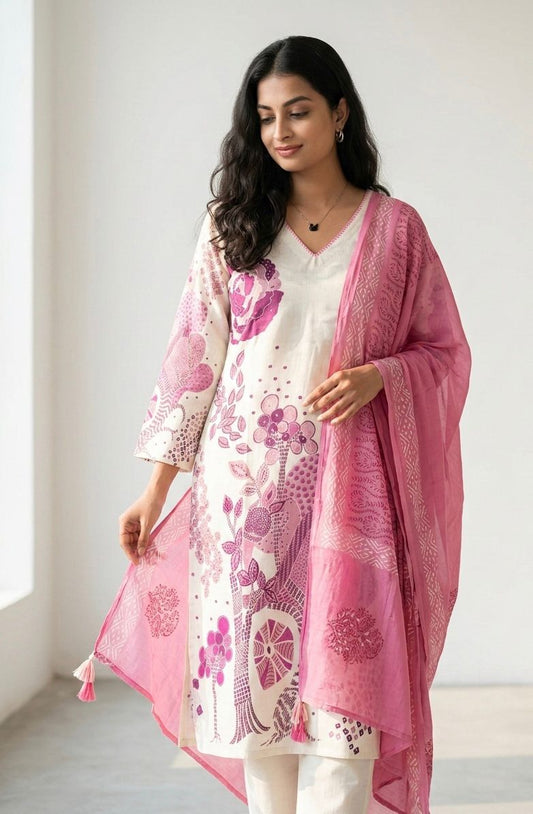 Woman wearing a pink and white floral patterned dupatta over a white outfit.