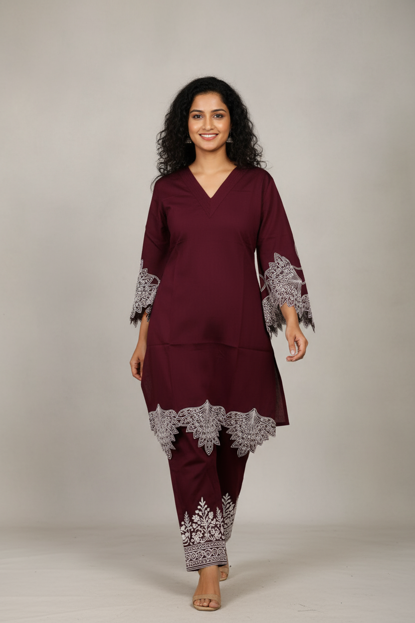 Dark Reddish Purple Kurti With Floral Design For Women & Girls