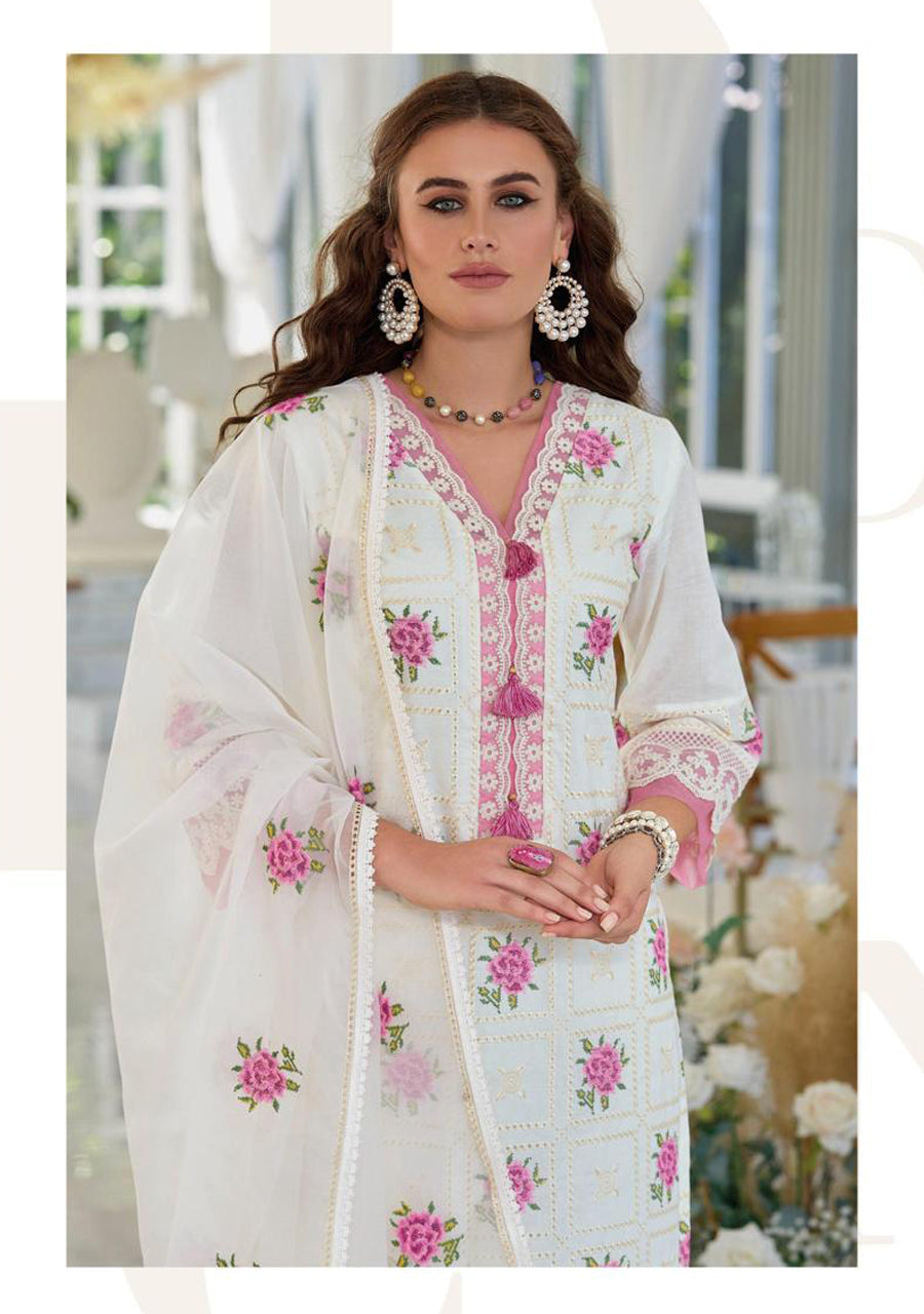 White Embroidery Work Cotton Kurti And Bottom With Cotton Dupatta For Women & Girls