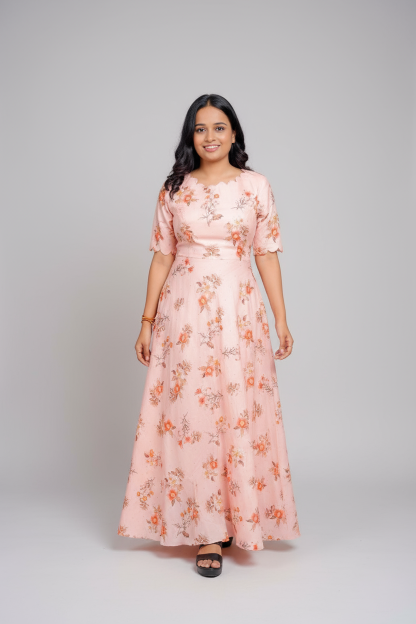 Pink Floor-Length A-Line Gown For Women & Girls