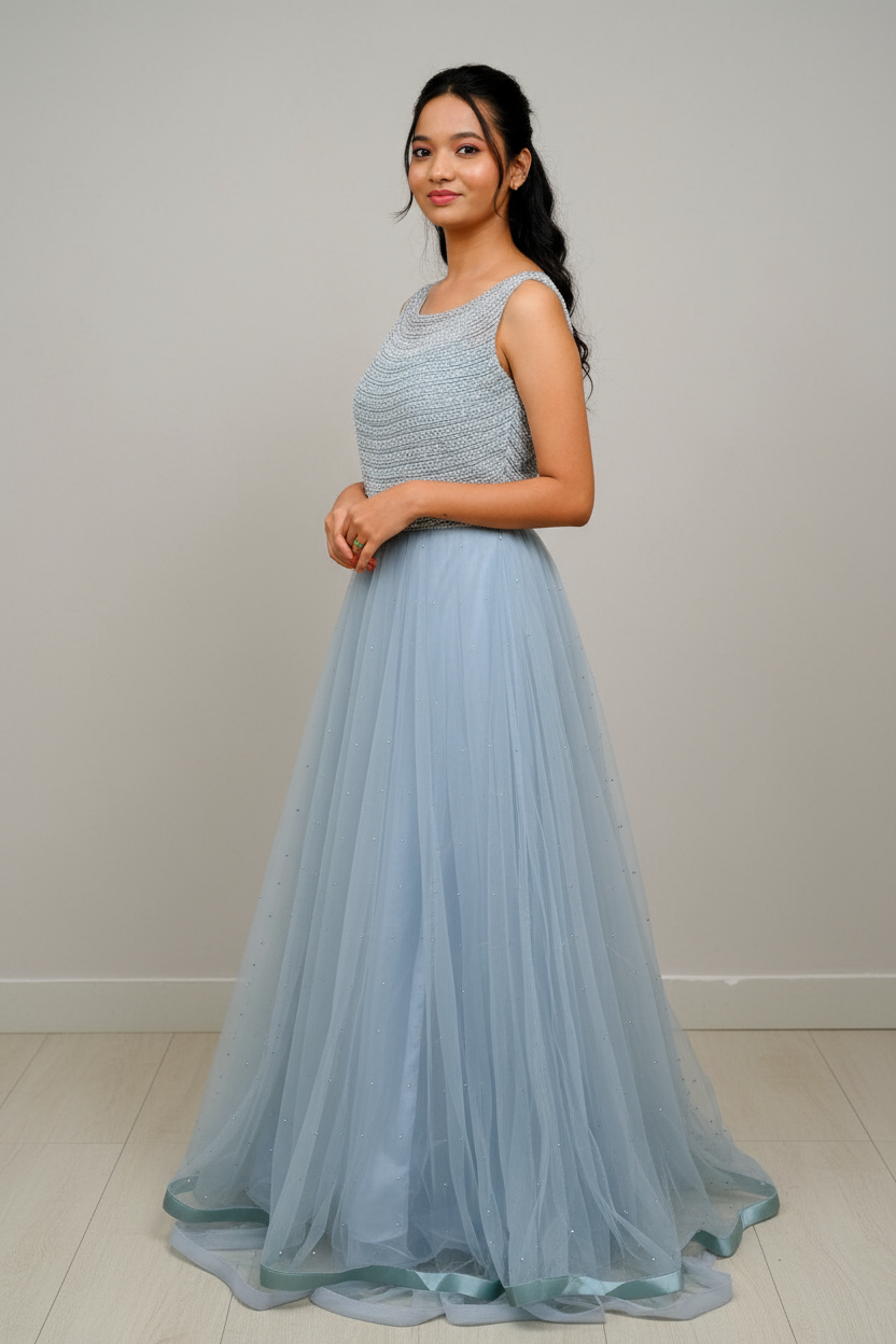 Blue Silver Beaded Bodice With Tulle Gown For Women & Girls