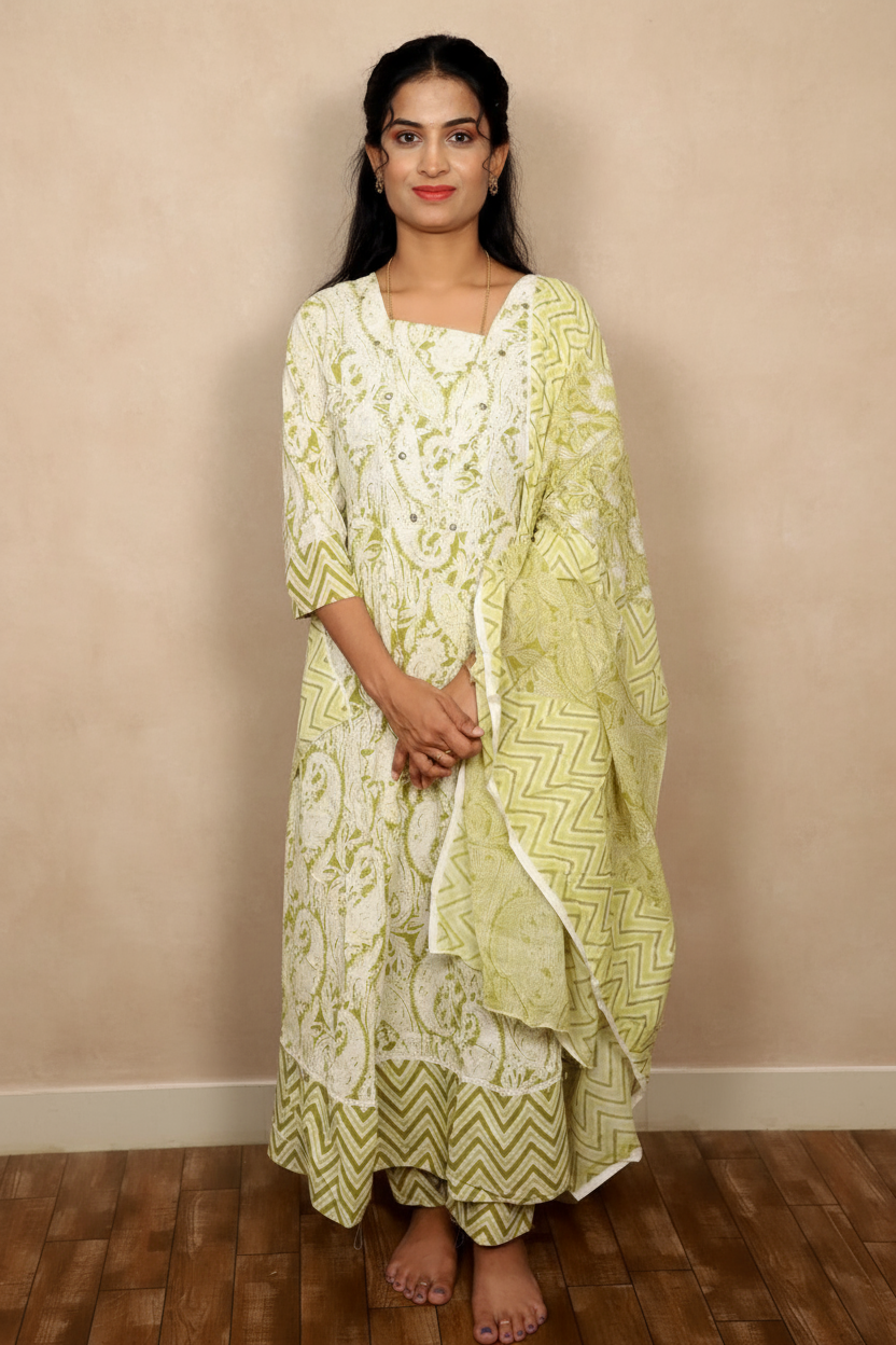 White & Light Green Floral Printed Anarkali Suit With A Matching Dupatta For Women & Girls