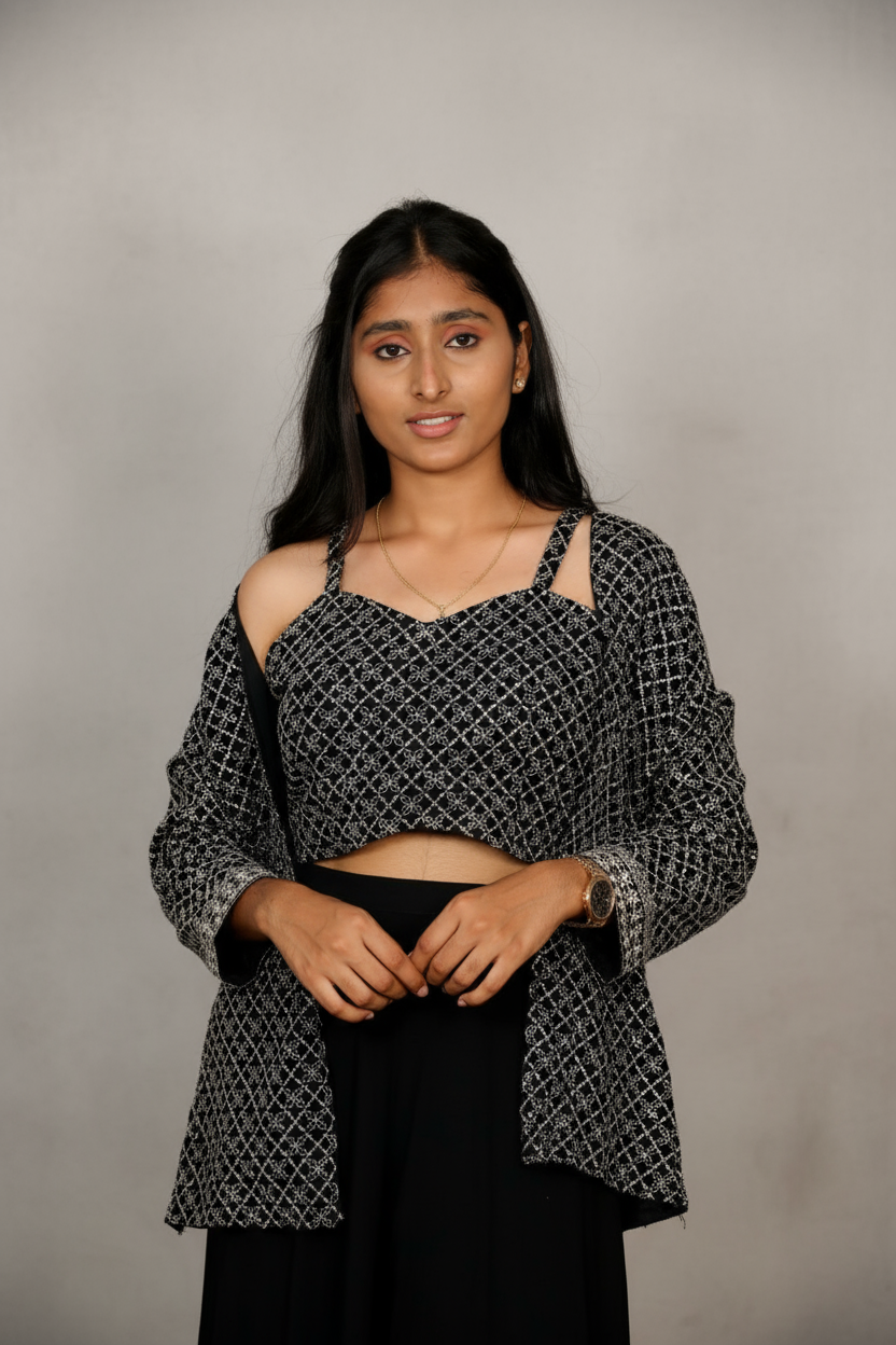 Black Sequined Crop Top With Matching Shrug And Solid Skirt For Women & Girls