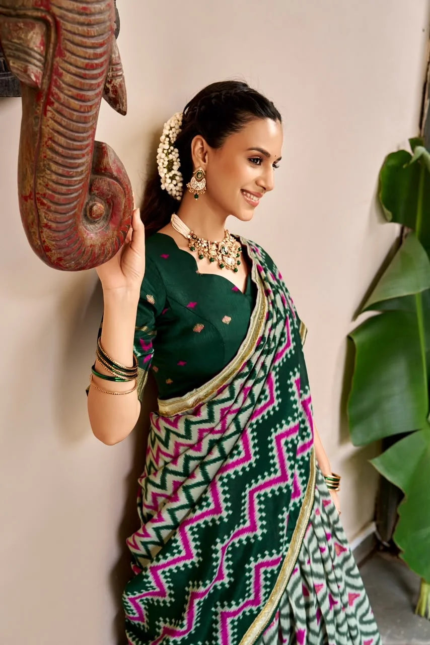 Bottle Green & Magenta Ikat Print Silk Half Saree with Zari Border