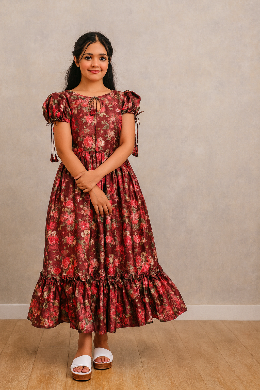 Maroon Floral Print Frock For Women & Girls