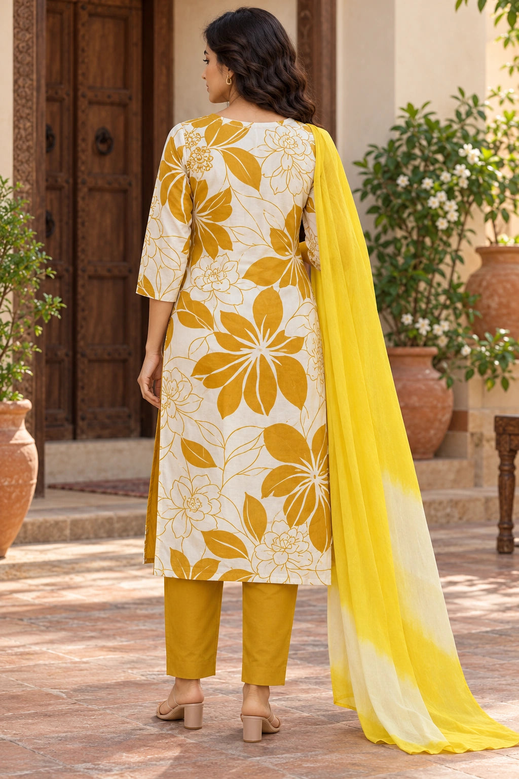Ivory & Mustard Floral Print Cotton Kurti Set with Yellow Dupatta for Women