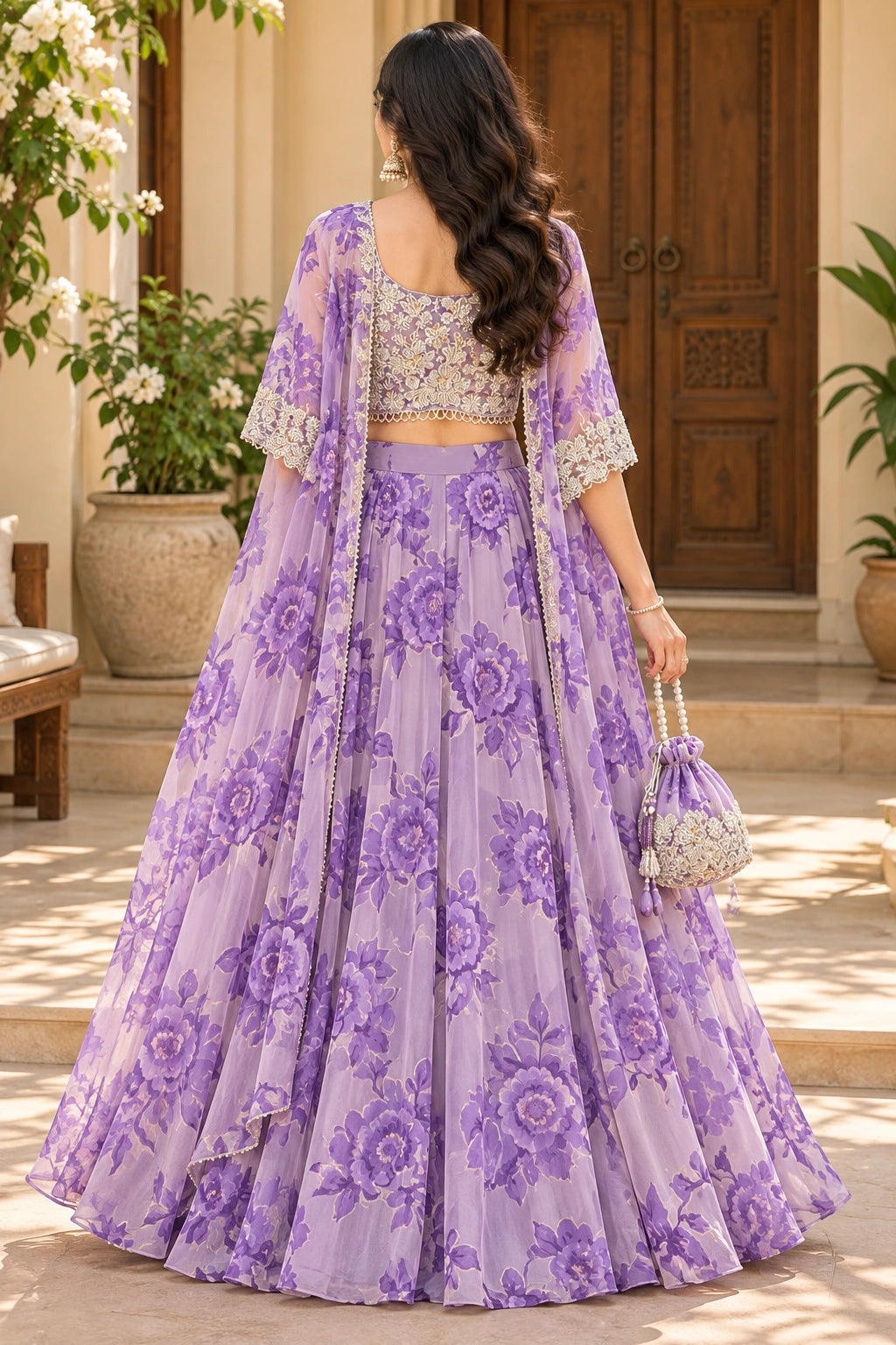 Lavender Cape Style Georgette Lehenga with Embroidered Blouse & Batwa