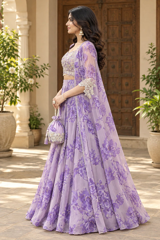 Lavender Cape Style Georgette Lehenga with Embroidered Blouse & Batwa