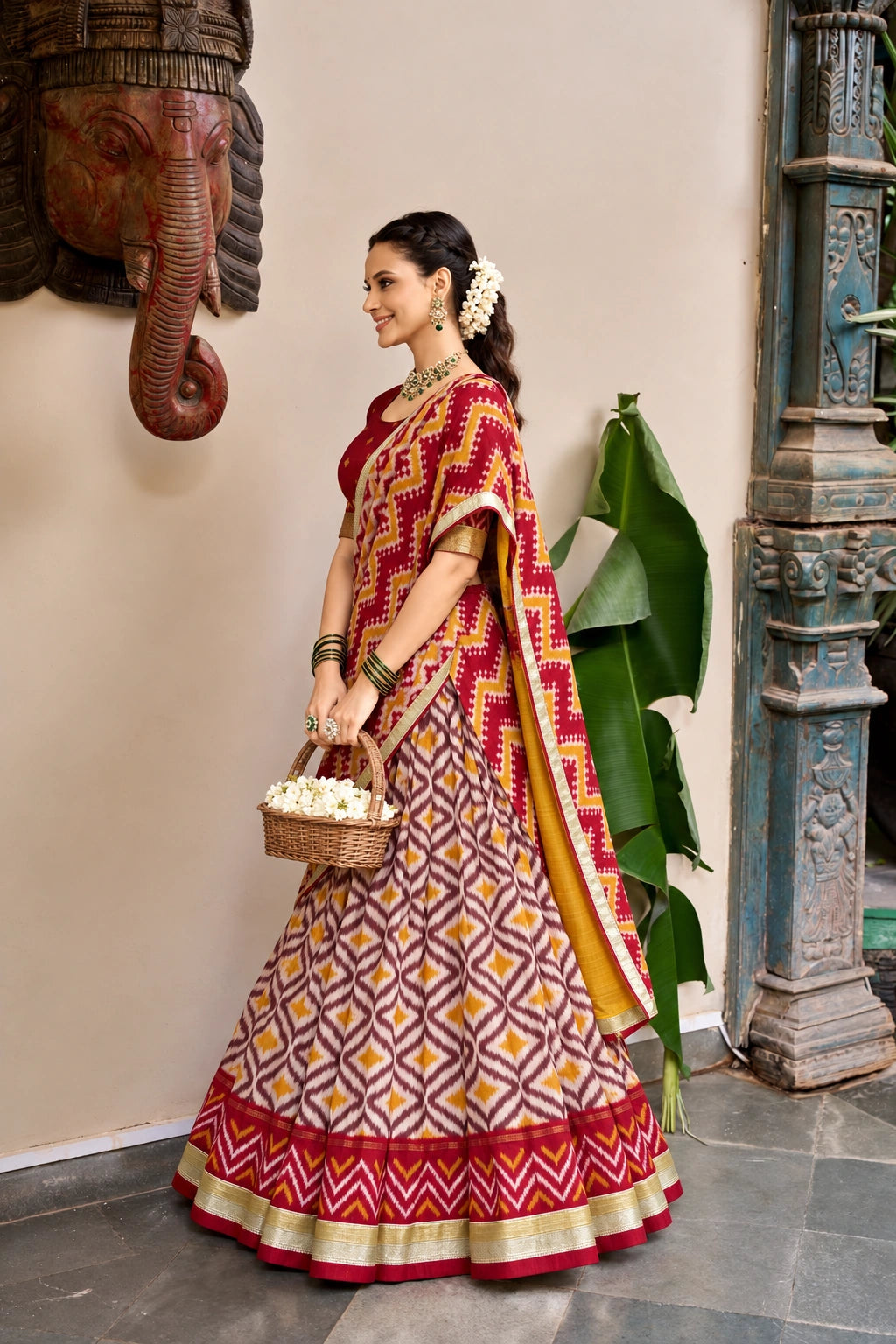 Maroon & Mustard Ikat Print Silk Half Saree with Zari Border