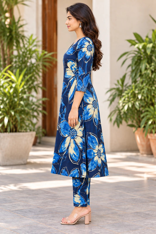 Navy Blue Floral Printed Cotton Kurti Set for Women