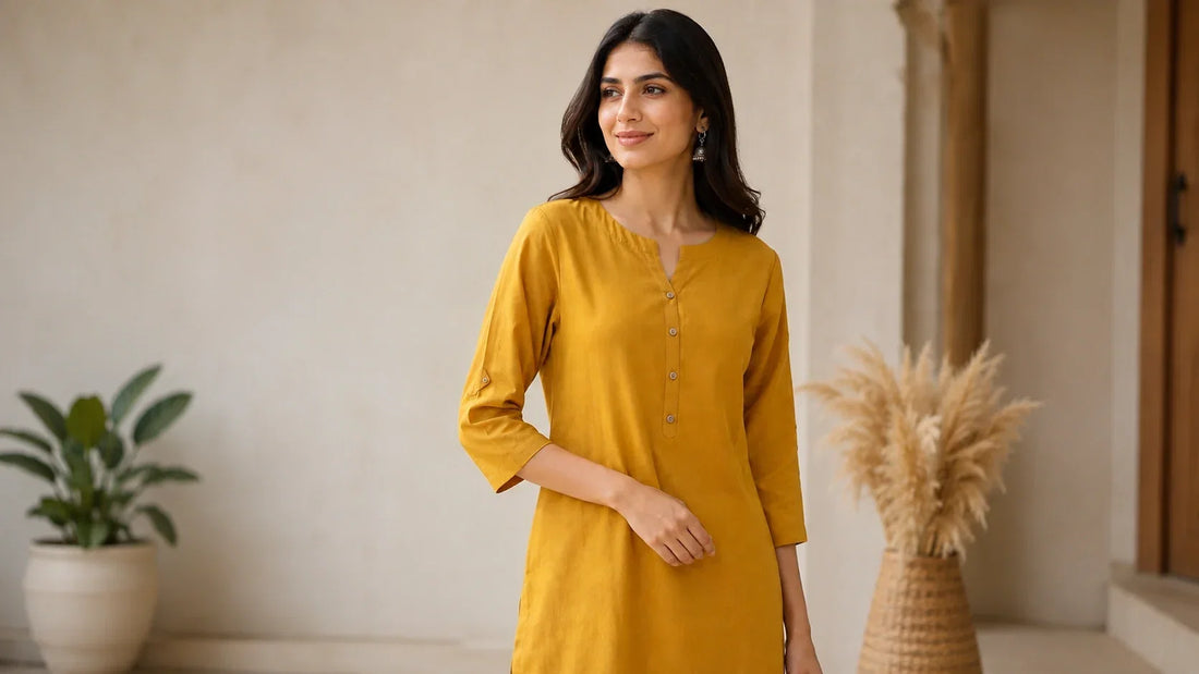 Indian woman wearing a solid straight-cut cotton kurti styled for everyday wear