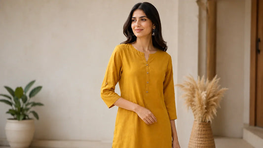 Indian woman wearing a solid straight-cut cotton kurti styled for everyday wear