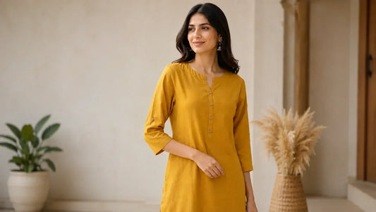 Indian woman wearing a solid straight-cut cotton kurti styled for everyday wear