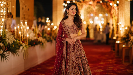 Indian woman wearing an embroidered lehenga styled for a wedding guest look
