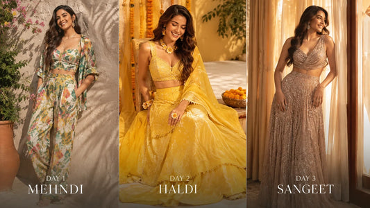 Outfit guide showing looks for mehendi, haldi and reception wedding functions