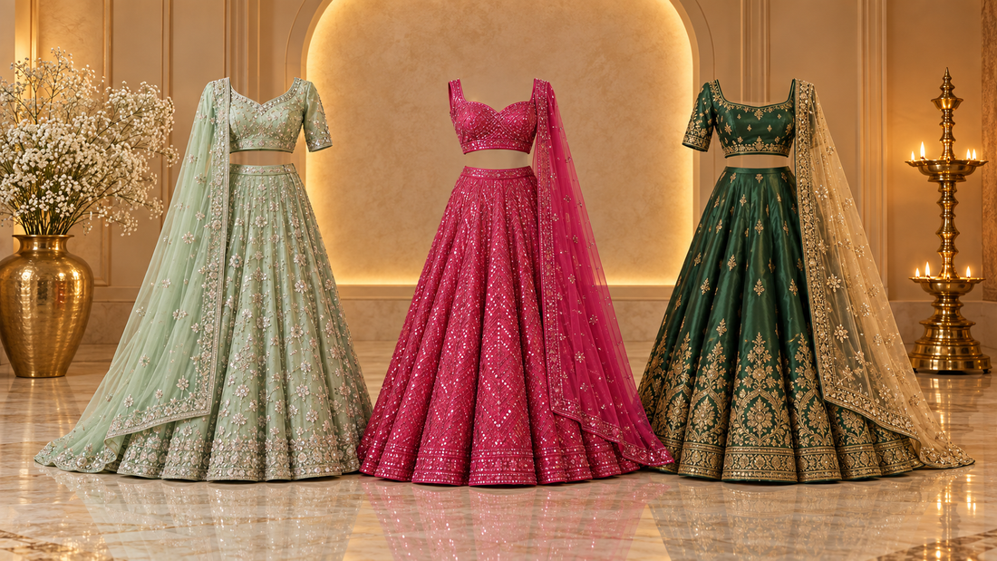 Wedding guest lehengas for women in mint green, fuchsia pink and emerald green for mehendi, sangeet and reception