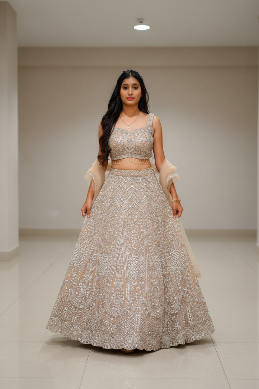 Beige Lehenga Choli With Silver Embroidery For Women & Girls