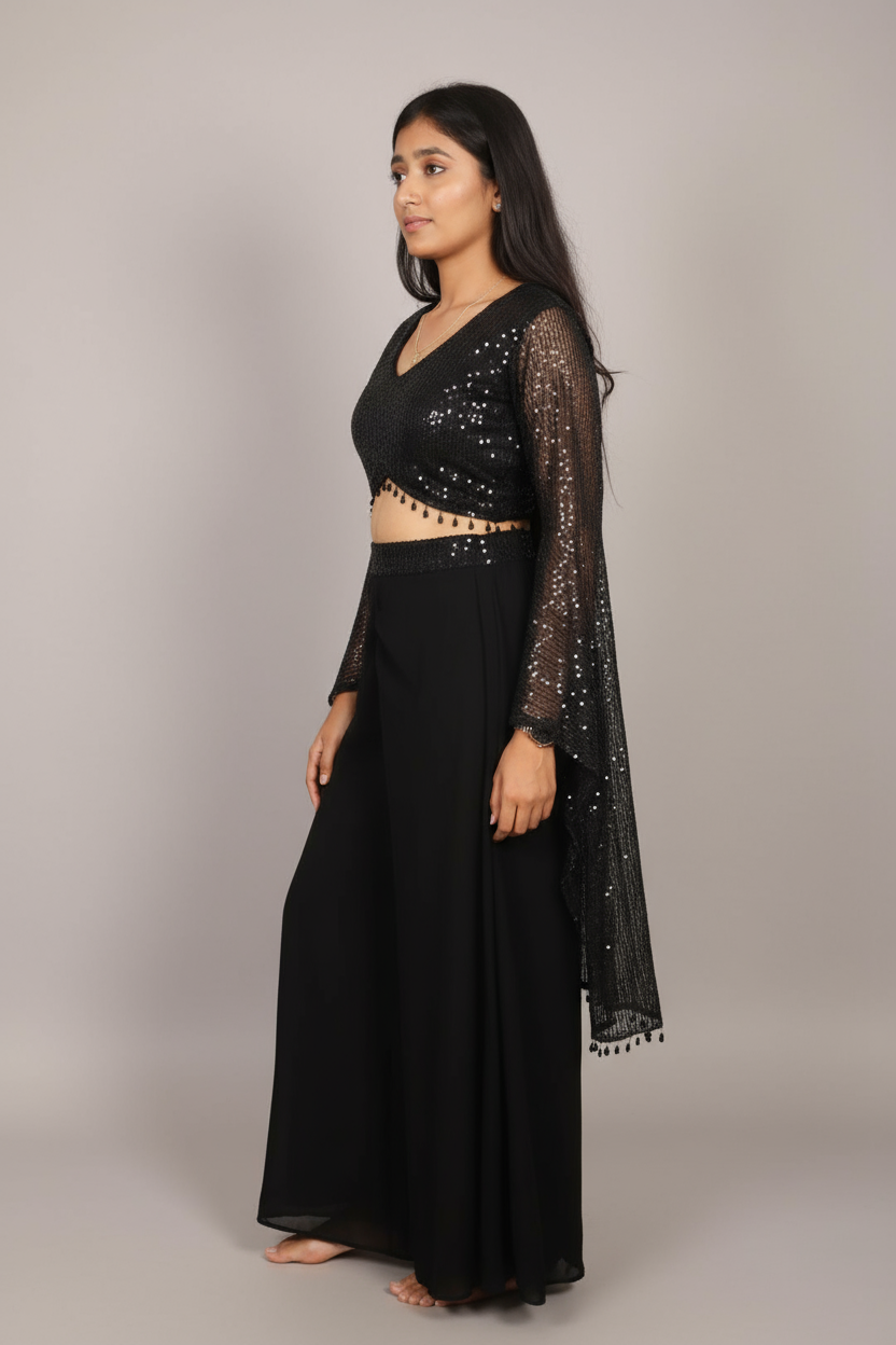 Black Faux Georgette Sequins Embroidered Crop Top For Women & Girls