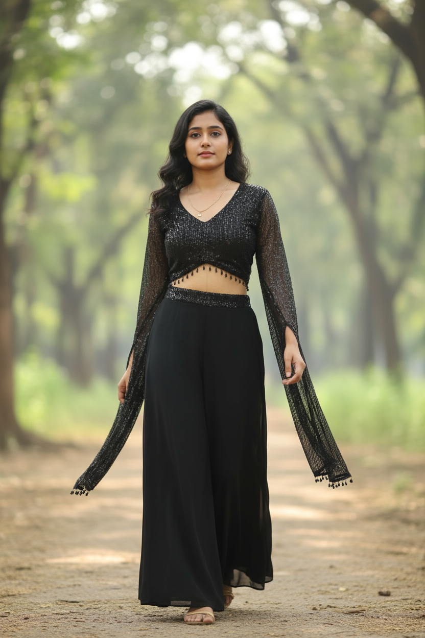 Black Faux Georgette Sequins Embroidered Crop Top For Women & Girls