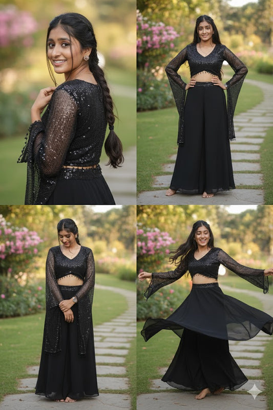 Black Faux Georgette Sequins Embroidered Crop Top For Women & Girls
