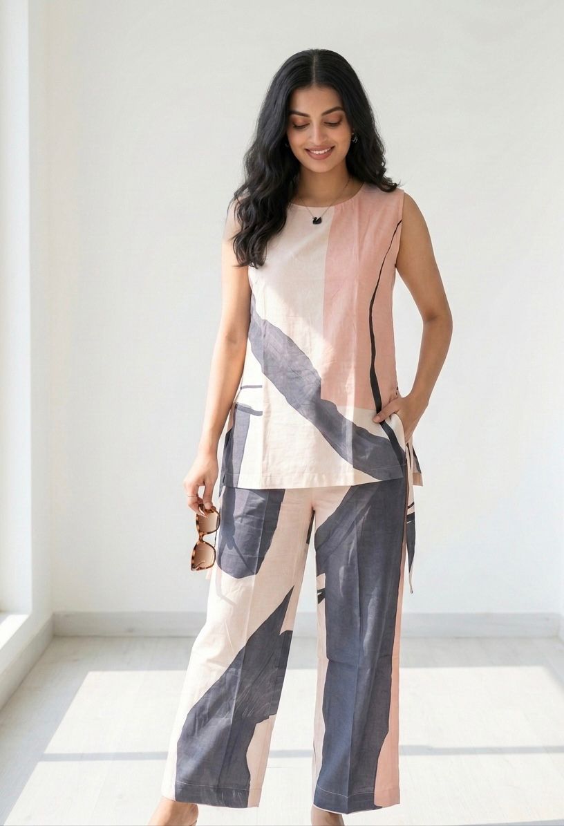 Aira Fabrics Designer Studio Peach & Grey Abstract Print Co-Ord Set